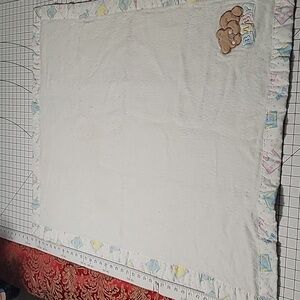 Vintage Cuddle Time White Baby Blanket, Tan Sleeping‎ Bear on ABC BlocksPreloved